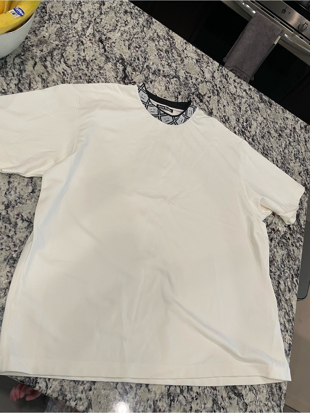 Acne Cotton Crewneck Tee in Cream with Patterned Inner Collar